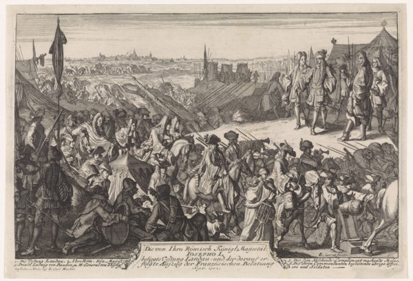 Taking Landau, 1702 Germany, print maker: Caspar Luyken, I. C. Hueber, 1702