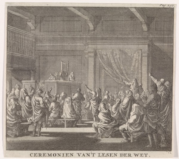Synagogue where a rabbi reads, print maker: Jan Luyken, Daniel van den Dalen, Hendrik van Damme,