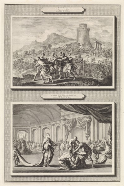 Parable of the tenants of the vineyard and the parable of the royal wedding, Jan Luyken, Pieter