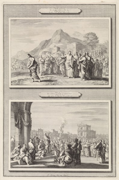 Christ gives advice to a rich young man and the sermon of Christ before the temple, Jan Luyken,