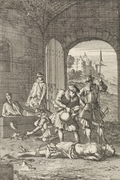 Torture of heretics in Arras, 1491, Caspar Luyken, Hermannus Ribbius, 1700