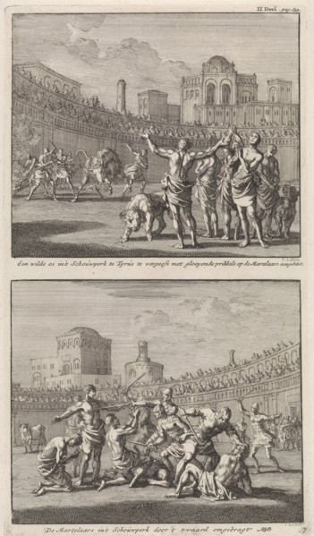 Early Christian martyrs in a Roman arena and Early Christian martyrs who are being slaughtered in