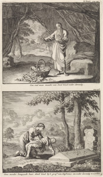 Resurrection of a dead child and a woman bringing her dead child to the tomb of Saint Stephen,