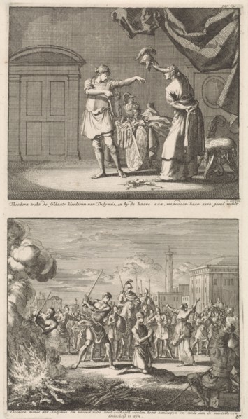 Holy Theodora and Didymus is liberated by the martyrdom of St. Theodora and Didymus, Jan Luyken,