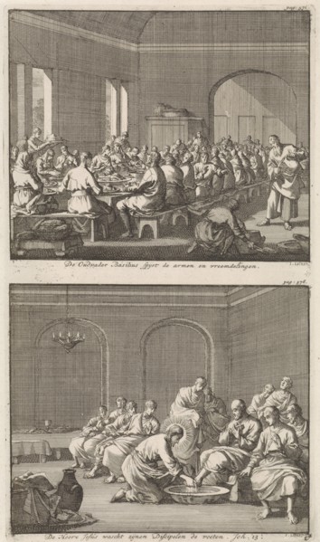 Saint Basil serves a meal to the poor and Christ washing the feet of Peter, Jan Luyken, Jacobus van