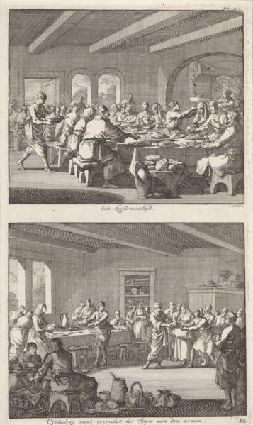 Shared meal among Christians and distributing food to the poor, Jan Luyken, Jacobus van Hardenberg,