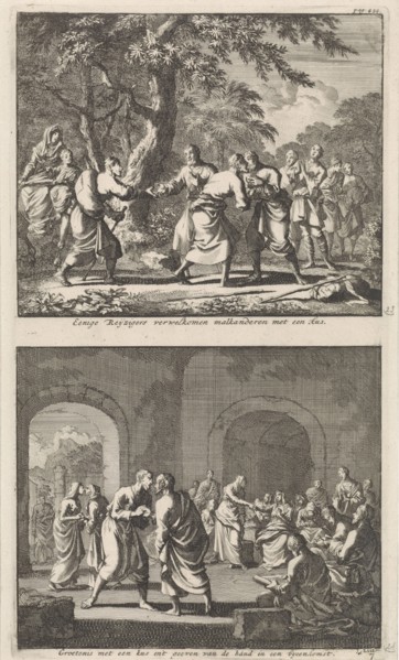 Greeting Christian travelers, and Christians are welcomed at the start of a meeting, Jan Luyken,