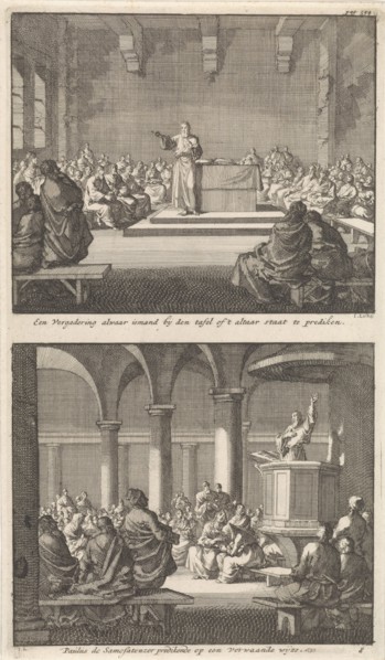 Sermon by a priest at an altar and Paul of Samosata preaching to the early Christian community, Jan