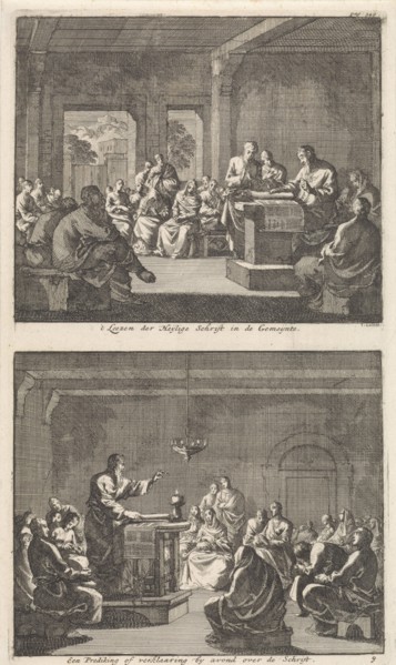 Early Christian community listening to a reading from the Bible and Early Christian community