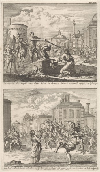 Beheading of a Christian in Rome and Saint Agnes who is protected by a bird, Jan Luyken, Barent