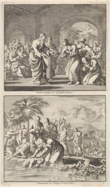Catechesis of five believers and the baptism of new believers in a river, Jan Luyken, Jacobus van