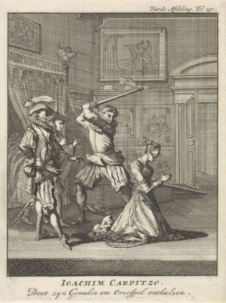 Joachim von Carpzov orders his wife's beheading, 1623, Jan Luyken, 1699