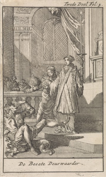 Priest with holy water brush before the possessed bailiff, Caspar Luyken, Jan Claesz ten Hoorn,