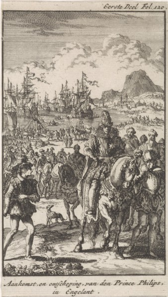 Prince Philip lands in England, 1554, Jan Luyken, Engelbrecht Boucquet, 1699