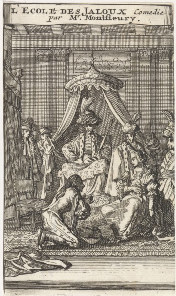 Santillane kneeling in a bedroom in the presence of Guzman, Fabrice, Don Lope and Don Carlos for