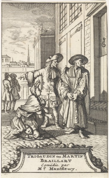 Lucie kneels for La Riviere who is dressed up as a spiritual, print maker: Caspar Luyken, Adriaan