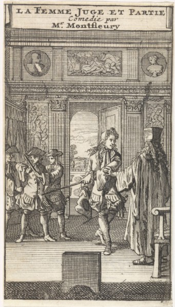Octave points Julie Bernadille who is guided by two servants, Caspar Luyken, Adriaan Braakman, 1698