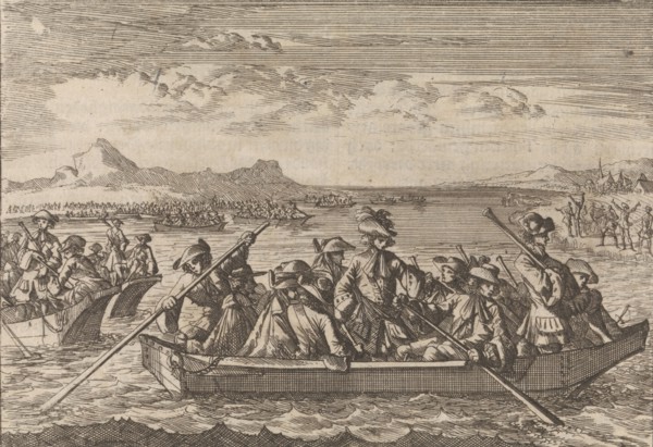 Waldensians chased from Savoy crossing the Lake Geneva in boats back to their country, 1689,