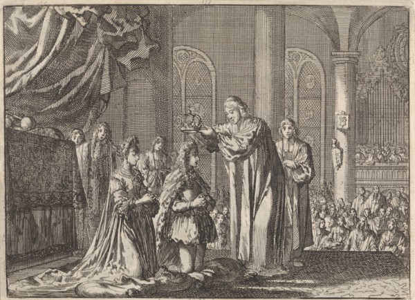 Coronation of William III and Mary II Stuart by the Archbishop of Canterbury, 1689, Jan Luyken,