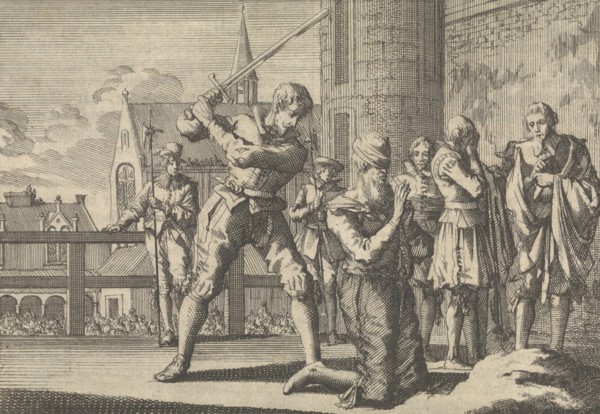 Johan van Barneveld decapitated, 1619, Jan Luyken, Pieter van der Aa (I), 1698