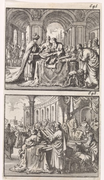 King Ptolemy Philadelphus studying the Hebrew law scrolls, Reading the translation of the law to