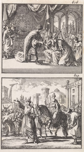 Esther before Ahasuerus, Triumph of Mordecai, Jan Luyken, Barent Visscher, Andries van Damme, 1698