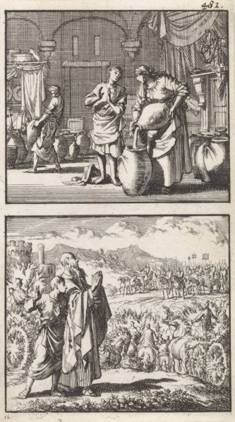 The widow of Zarephath fills the miraculous cruse of oil, Elisa's performance in the war against