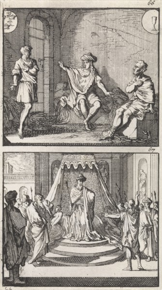 Joseph interprets dreams in jail, Joseph interprets the dreams of the Pharaoh, print maker: Caspar