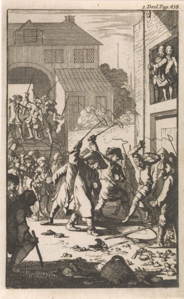 Don Clarazel mistreated by coachmen in an inn near Toulon France, Caspar Luyken, Johannes Broersz,