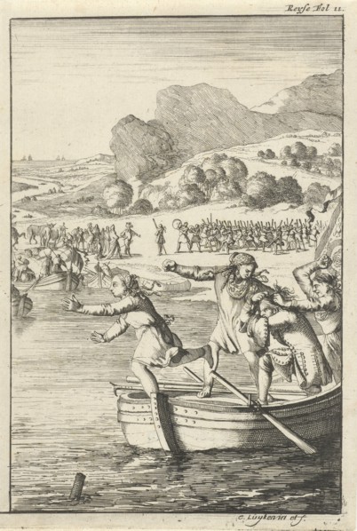 The cook of Marie-Catherine d'Aulnoy arguing on a rowing boat with some girls from Biscay, Caspar
