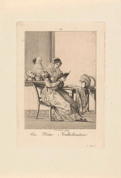 A reading woman in costume from North Holland, The Netherlands, Carl Cristiaan Fuchs, Pieter van