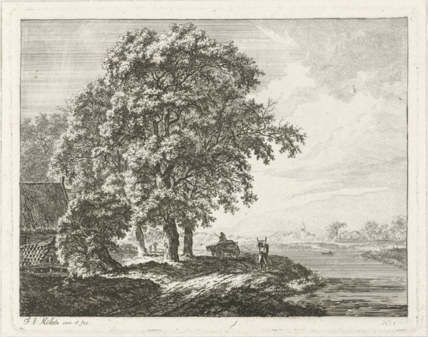 Landscape with tall trees along a river, Franciscus Andreas Milatz, 1784 - 1808