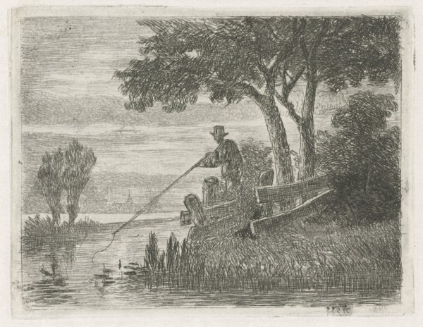 Fishing on the banks of a river, print maker: Hermanus Jan Hendrik van Rijkelijkhuysen, 1823 - 1883