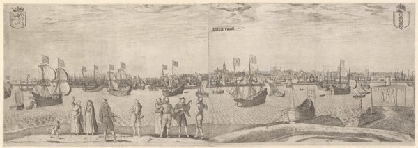 View of the city of Amsterdam on the IJ, The Netherlands, Pieter Bast, 1580 - 1605