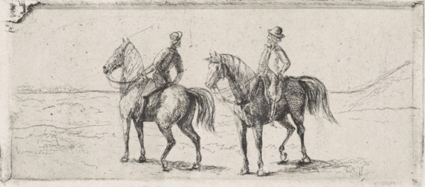Landscape with two horsemen, print maker: Cornelis Albertus Johannes Schermer, 1839 - 1915