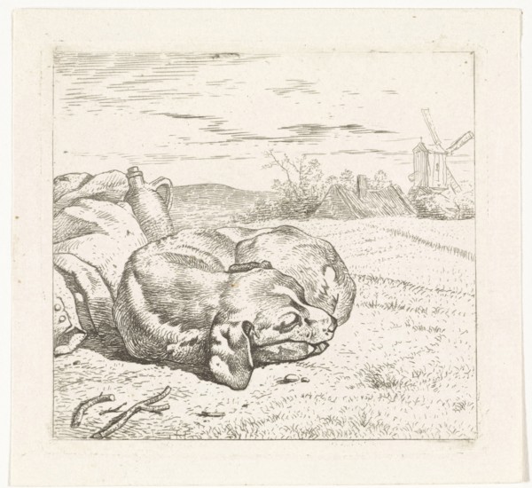 Sleeping dog with windmill in the background, Wouter Johannes van Troostwijk, 1792 - 1810