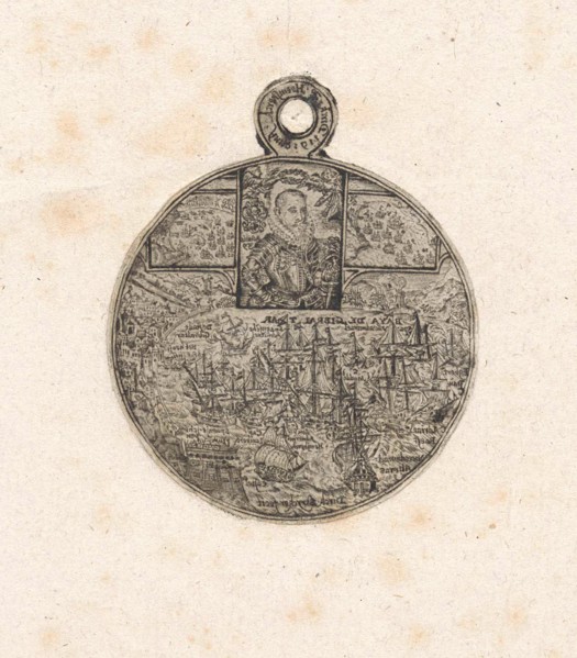 Print from the front of a medal engraved with the portrait and the death of Jacob van Heemskerck,
