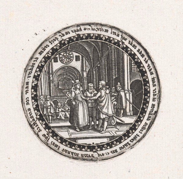 Print of a medallion with a depiction of a wedding ceremony in a church, Dirck Strijcker, 1607 -