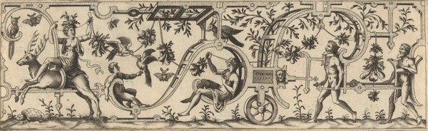 Two men pushing a wagon in which a woman sits, Anonymous, Cornelis Floris II, Hieronymus Cock,