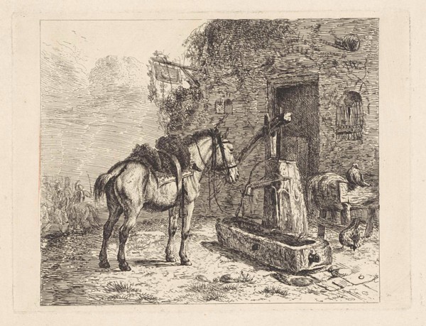 Horse before an inn, Abraham Hendrik Winter, 1815-1860