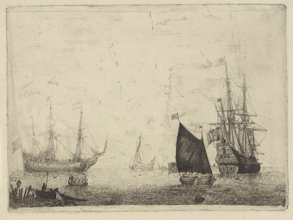Seascape with two three-masters with lowered sails, print maker: Adam Silo, 1689 - 1760