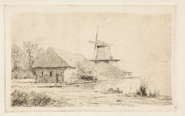 Barn and windmill on the water, Elias Stark, 1887