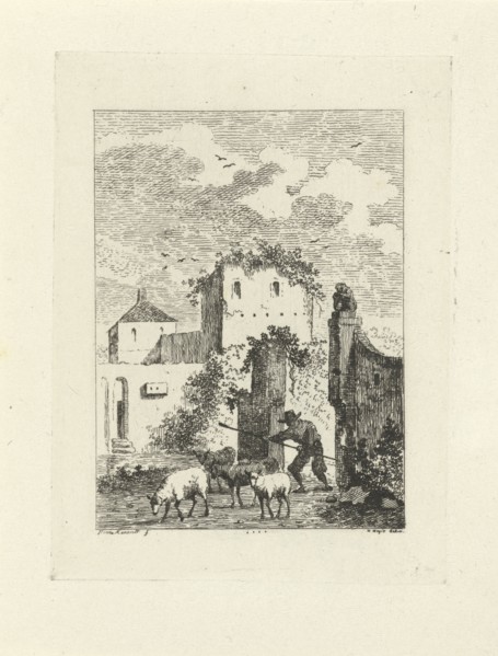 Shepherd with sheep in a village, Jan Izaak van Mansvelt, 1771 - 1802