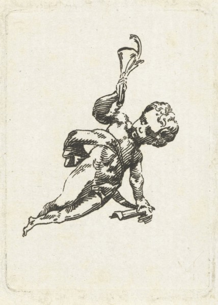 Vignette with putto with trumpet and palm, print maker: Willem Bilderdijk, 1766 - 1831