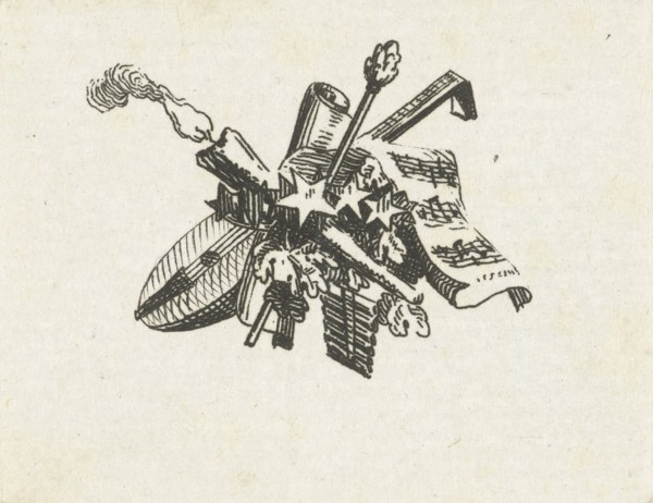 Vignette with cither, burning torch and music sheet. Willem Bilderdijk, 1766 - 1831