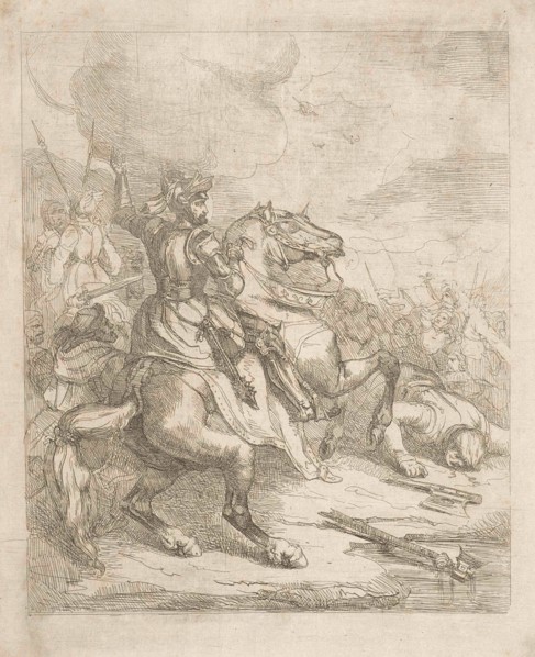 Henry II, Holy Roman Emperor on horseback in battle, print maker: Theodoor Schaepkens