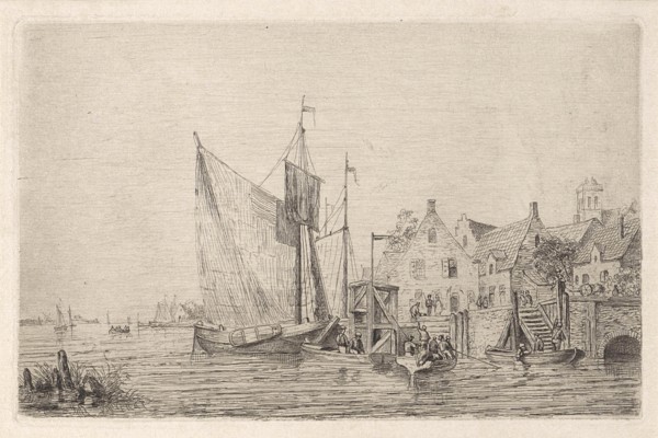 Sailing ships and boats at the wharf in a village, Henri Adolphe Schaep, 1856