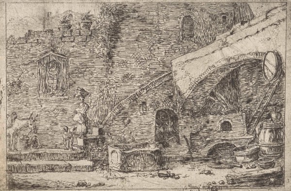 Courtyard with wife and child at a staircase, Thomas Wijck, 1626-1677