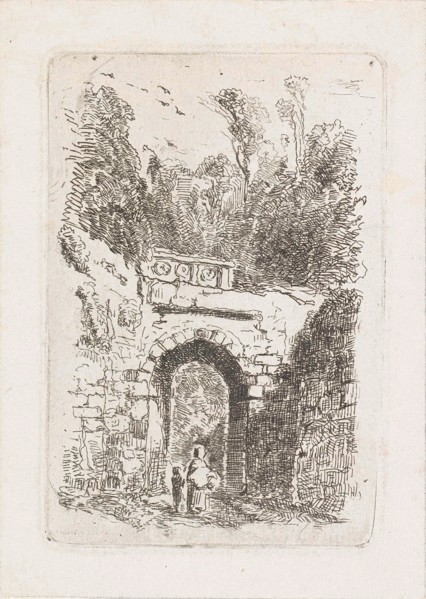 Woman with child at a gate, Maria Vos, 1834 - 1906