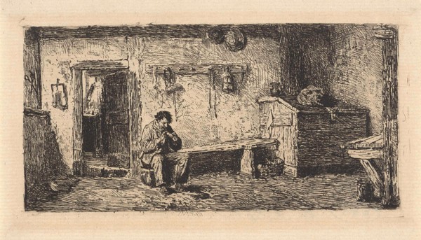 Pipe Smoking man in a barn, Hendrik Jacobus Scholten, 1836 - 1907